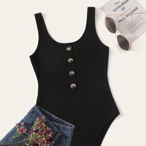 Button front rib-knit tank bodysuit